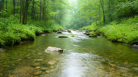 Mountain river in the green forest. Spring landscape with forest river.の写真素材