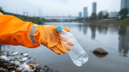 Volunteer hand holding plastic bottle with garbage on river background.
