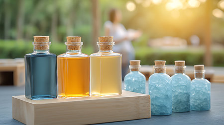 Aromatherapy oil in glass bottles on wooden table with blurred backgroundの写真素材
