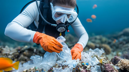 Young woman scuba diver collecting plastic waste on a coral reef.の写真素材