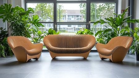 Interior of a modern living room with beige sofa and plants