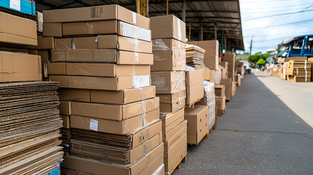 Pile of cardboard boxes in warehouse. Industrial background. Selective focus