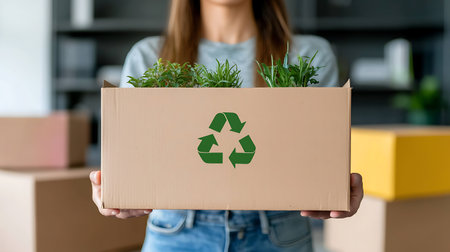 Young woman holding cardboard box with green recycling symbol. Recycling conceptの写真素材
