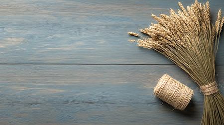 Spikelets of wheat on a blue wooden background with copy space