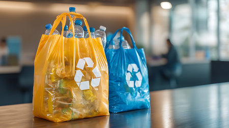 Plastic bags with garbage and plastic bottles on table in the office