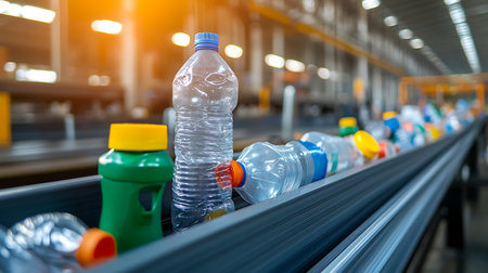Plastic bottles on conveyor belt in factory. Industrial background.の写真素材