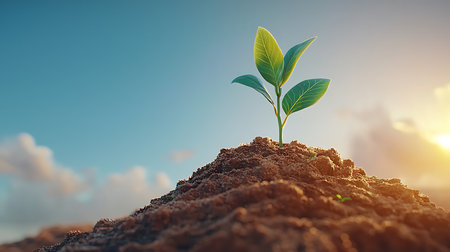 Green plant seedling growing in fertile soil with sunlight and blue sky backgroundの写真素材
