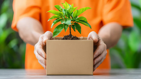 Close up of man hands holding a small plant in a box.