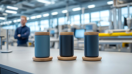 Group of coffee cups on table in coffee shop. Blurred background