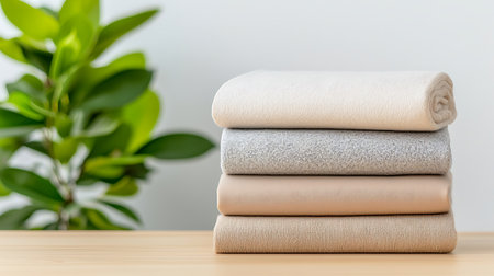 Stack of clean towels on wooden table with green plant in background.の写真素材
