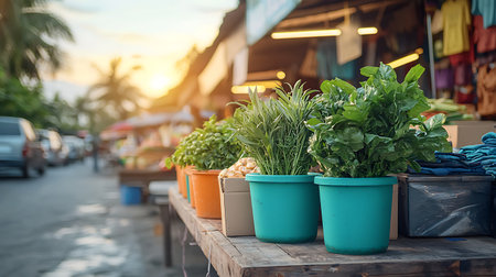 Fresh herbs in pots on the wooden table at the market in Thailandの写真素材