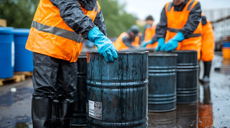 Workers in orange overalls and rubber boots unloading barrels of toxic waste.
