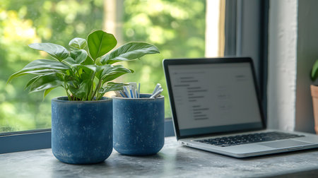 Laptop computer and green plant in blue pot on the windowsillの写真素材