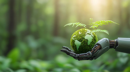 Hand holding Earth globe with green plant in the forest. Eco friendly conceptの写真素材