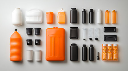 Flat lay of plastic bottles and containers on white backgroundの写真素材