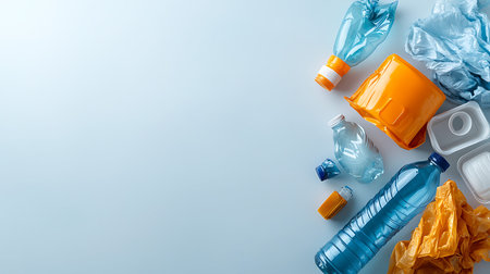 top view of plastic bottles and trash on blue background with copy space