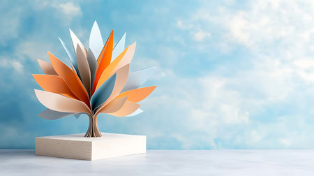 Paper origami tree on a blue sky background. 3d rendering