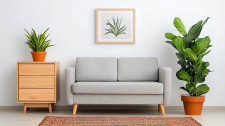 Interior of living room with sofa and plants, 3d renderの写真素材