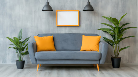 Interior of modern living room with blue sofa and orange cushionsの写真素材