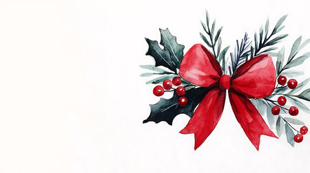 Watercolor Christmas background with holly berry and red bow.の写真素材