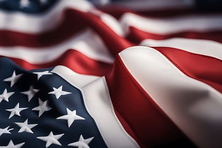 Top view overhead America United States flag, with copy space on wooden table background, USA...