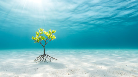 Mangrove tree on sandy beach with sun rays and blue skyの写真素材