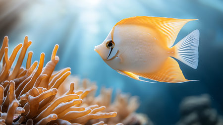 Close up view of a yellow tropical fish in the coral reef.