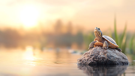turtle on a rock in the water at sunset, soft focusの写真素材