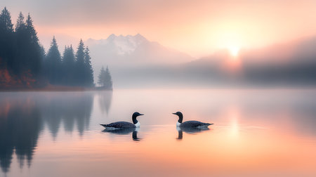 Lake in the mountains at sunrise with two birds on the water.の写真素材