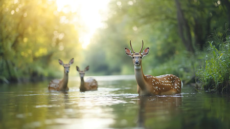 Three whitetail deer in the water in the forest at sunsetの写真素材
