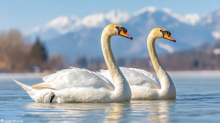 swan on blue lake water in sunny day, swans on pond, nature seriesの写真素材