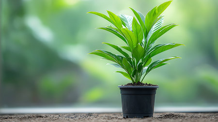 Plant in a pot on the windowsill with nature background.の写真素材