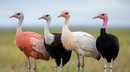 Group of pink flamingos standing on the grass in the field