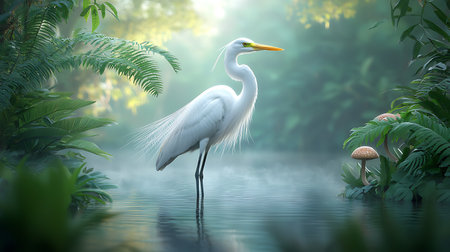 White egret on the lake in the forest. 3d renderingの写真素材