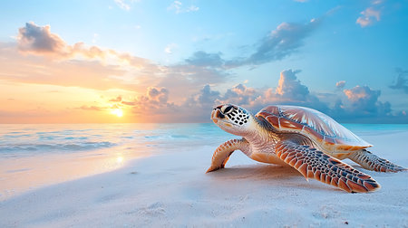 Hawaiian Green Sea Turtle (Chelonia mydas) on a tropical beach at sunsetの写真素材