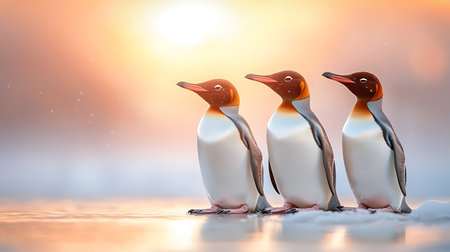 Three penguins in the snow at sunset, 3d illustration.の写真素材