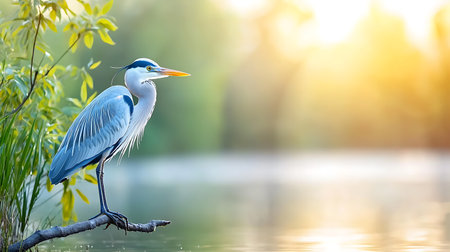 Great blue heron (Ardea herodias) standing on a branch at sunsetの写真素材