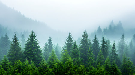 Foggy morning in the coniferous forest. Landscapeの写真素材