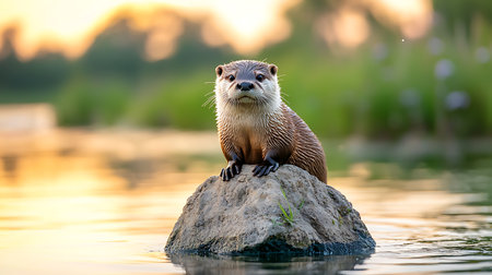 Otter standing on a rock in the water at sunset.の写真素材