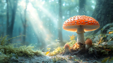 Fly agaric mushroom in the forest with sunlight and fog.の写真素材
