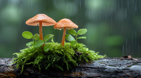 Mushrooms in rainforest with green moss and rain drops.の写真素材