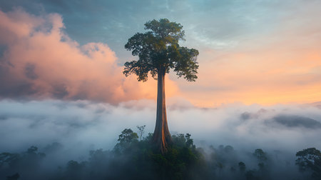 Big tree in the morning with fog on the mountain,Thailandの写真素材