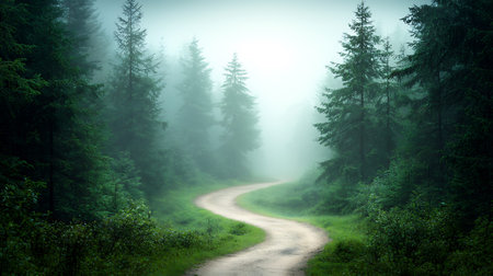 Foggy road through the forest in the mountains. Nature composition.