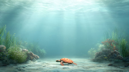 Underwater scene with turtle and coral reef. 3D render.の写真素材