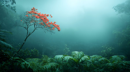Foggy morning in the tropical forest with tree and plants.