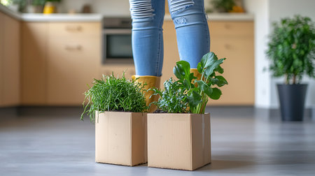 Woman's legs in a box with plants in the kitchen at homeの写真素材
