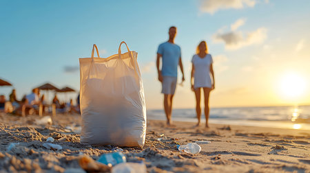Group of people with plastic bags on the beach. Recycling conceptの写真素材