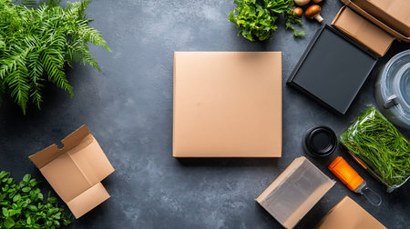 Grocery delivery concept. Delivery service. Cardboard boxes with products on the table.