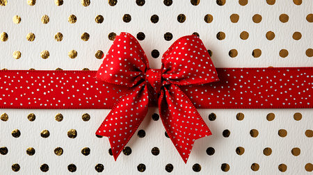 Red ribbon and bow on white background with polka dot pattern.の写真素材