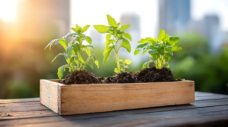 Young seedlings of pepper in a wooden box on a wooden table.の写真素材